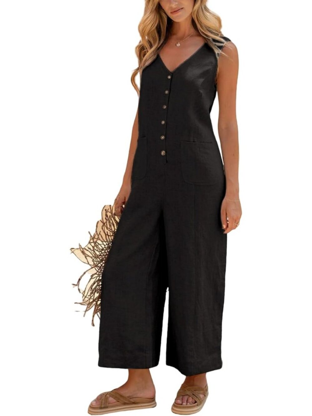 Women's Black Cotton Linen Sleeveless Casual Wide Leg Button Down Romper - Picture 2 of 6